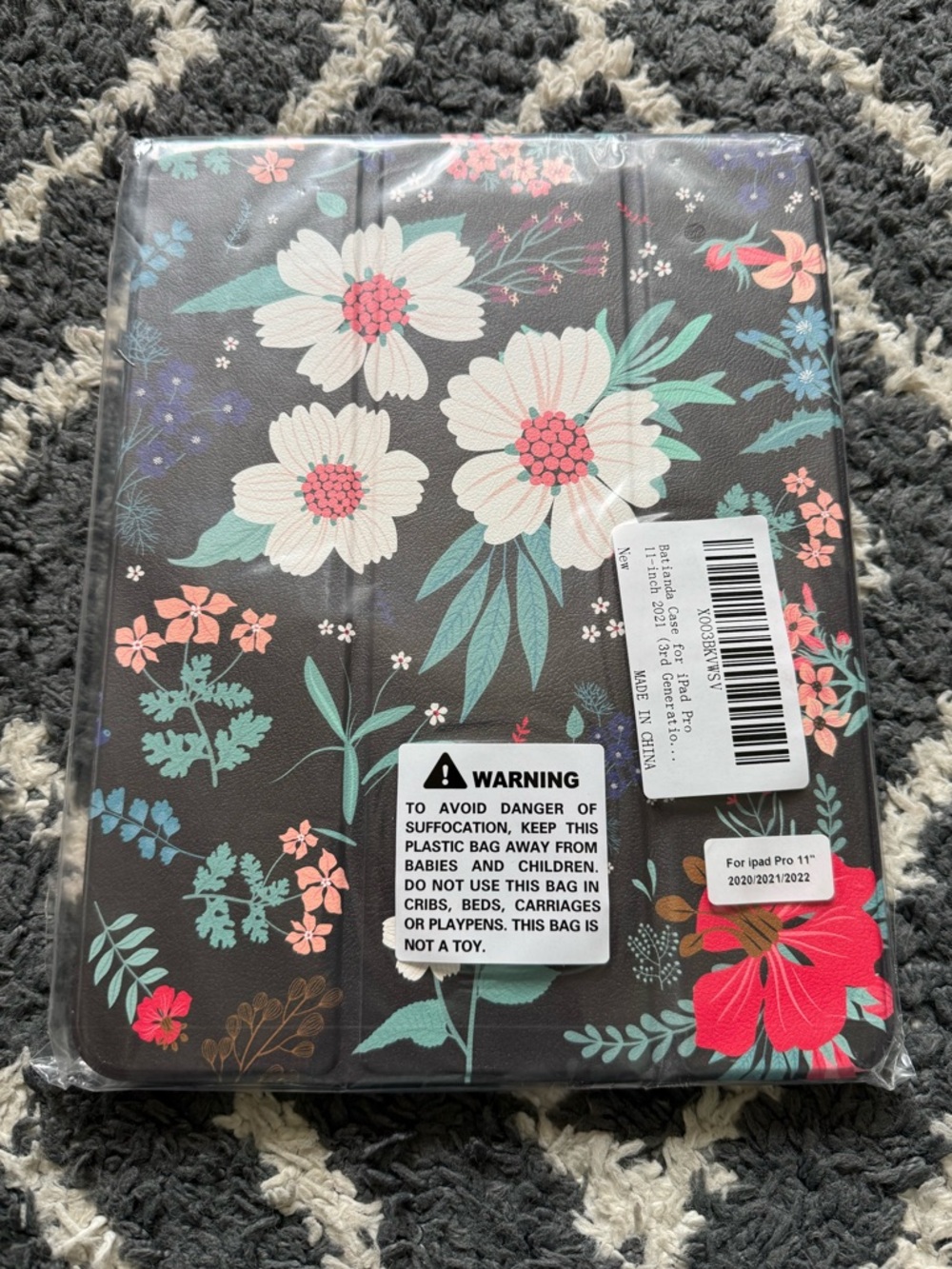 Floral Tablet Case - Black Background with White, Pink & Teal Flowers